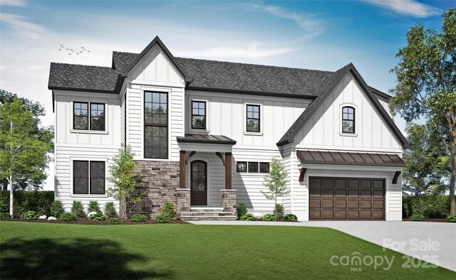 4918 Buckingham Dr, Charlotte, NC 28209 - modern farmhouse featuring a standing seam roof, a front yard, and a shingled roof