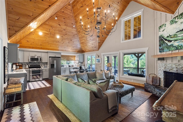 75 Indigo Bunting Ct, Tuckasegee, NC 28783 - living room featuring dark wood-type flooring, high vaulted ceiling, wood ceiling, a fireplace, and a chandelier