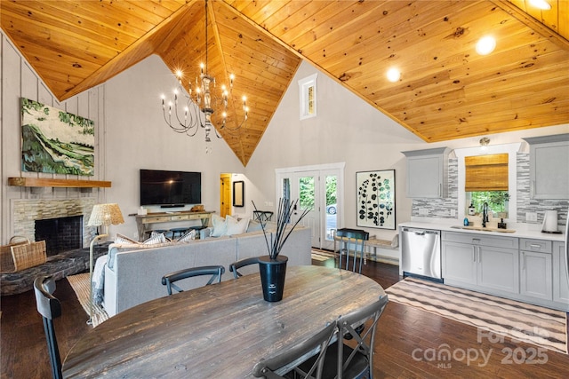 75 Indigo Bunting Ct, Tuckasegee, NC 28783 - dining room with wooden ceiling, dark wood-style flooring, a stone fireplace, high vaulted ceiling, and a chandelier
