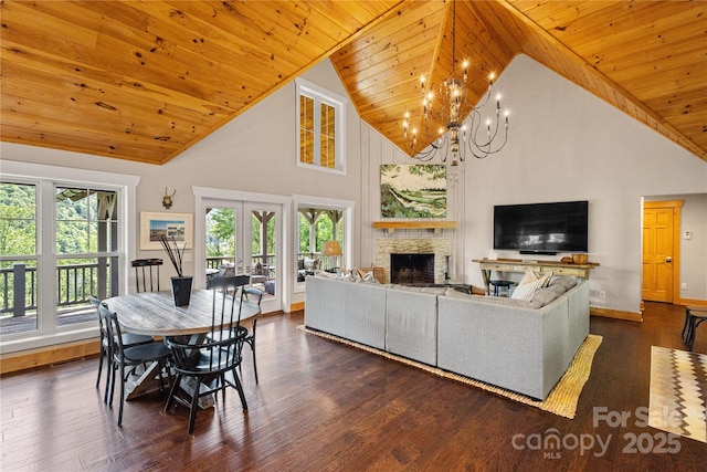 75 Indigo Bunting Ct, Tuckasegee, NC 28783 - living room with high vaulted ceiling, dark wood-type flooring, wood ceiling, healthy amount of natural light, and a chandelier