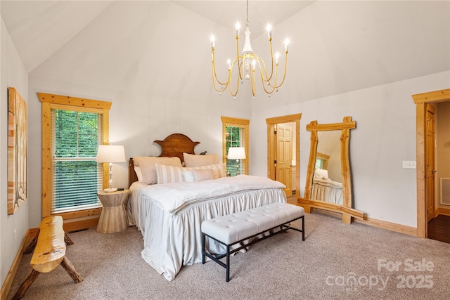 75 Indigo Bunting Ct, Tuckasegee, NC 28783 - carpeted bedroom featuring a chandelier and high vaulted ceiling
