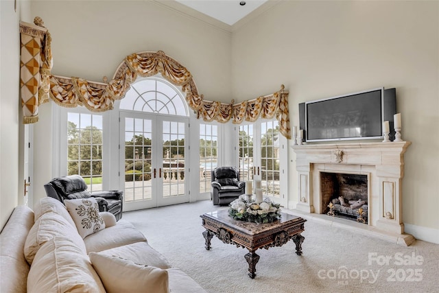 1100 Glen Oaks Dr, Hamptonville, NC 27020 - living area featuring french doors, carpet, a fireplace, ornamental molding, and a towering ceiling