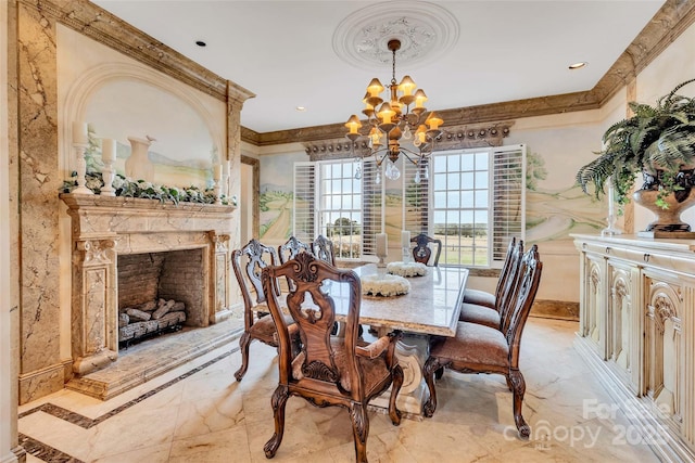 1100 Glen Oaks Dr, Hamptonville, NC 27020 - dining space with light marble finish flooring, a chandelier, crown molding, and a fireplace