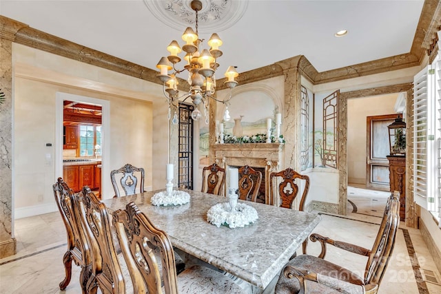 1100 Glen Oaks Dr, Hamptonville, NC 27020 - dining space featuring inlaid floor details, a chandelier, light marble finish floors, recessed lighting, and baseboards