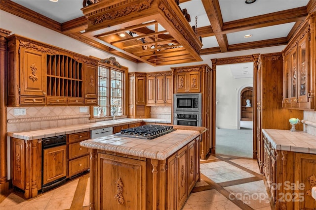1100 Glen Oaks Dr, Hamptonville, NC 27020 - kitchen featuring tile countertops, appliances with stainless steel finishes, coffered ceiling, inlaid floor details, and open shelves