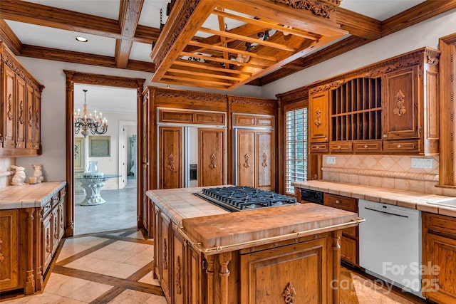 1100 Glen Oaks Dr, Hamptonville, NC 27020 - kitchen featuring dishwasher, stainless steel gas stovetop, tile countertops, coffered ceiling, and tasteful backsplash