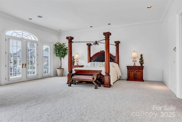 1100 Glen Oaks Dr, Hamptonville, NC 27020 - carpeted bedroom with access to exterior, crown molding, and recessed lighting
