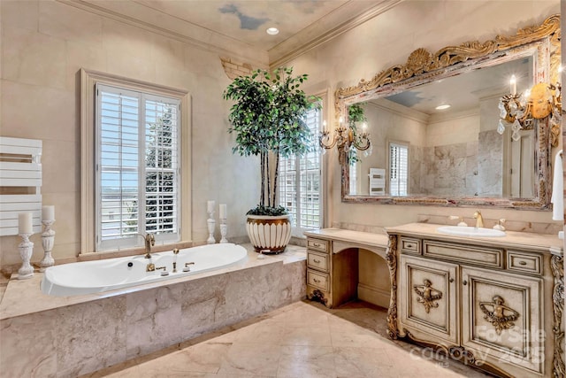 1100 Glen Oaks Dr, Hamptonville, NC 27020 - bathroom with healthy amount of natural light, crown molding, vanity, and a bath