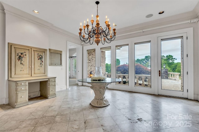 1100 Glen Oaks Dr, Hamptonville, NC 27020 - dining room with a chandelier, ornamental molding, recessed lighting, and baseboards