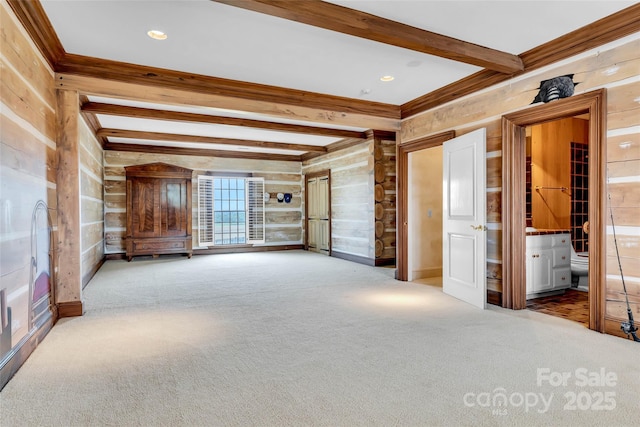 1100 Glen Oaks Dr, Hamptonville, NC 27020 - spare room featuring carpet flooring, beamed ceiling, crown molding, wood walls, and recessed lighting