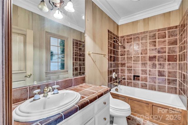 1100 Glen Oaks Dr, Hamptonville, NC 27020 - full bathroom with toilet, vanity, shower / bath combination, crown molding, and a chandelier