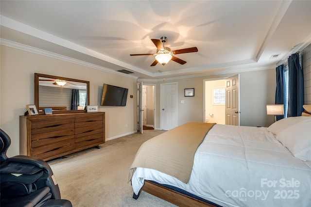 1206 Craig Ave, Lancaster, SC 29720 - bedroom with a tray ceiling, light carpet, crown molding, and a ceiling fan