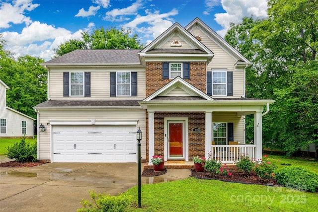 1206 Craig Ave, Lancaster, SC 29720 - view of front facade with a garage, driveway, covered porch, a shingled roof, and brick siding