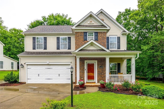 1206 Craig Ave, Lancaster, SC 29720 - view of front of home featuring driveway, an attached garage, a porch, a shingled roof, and brick siding