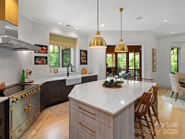 24 Deep Creek Trl, Arden, NC 28704 - kitchen with a sink, a center island, a breakfast bar area, crown molding, and double oven range