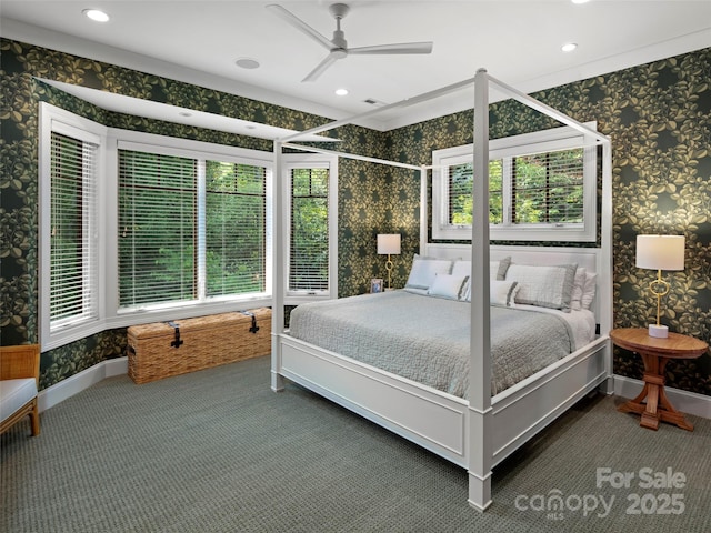 24 Deep Creek Trl, Arden, NC 28704 - bedroom featuring wallpapered walls, dark colored carpet, recessed lighting, ceiling fan, and baseboards