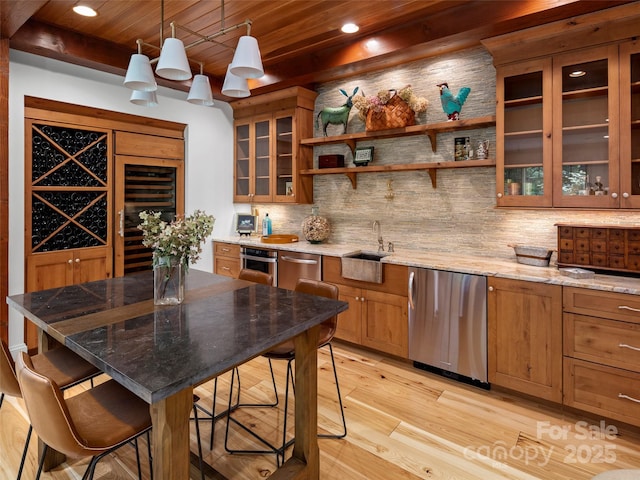 24 Deep Creek Trl, Arden, NC 28704 - kitchen with beverage cooler, refrigerator, wood ceiling, a sink, and decorative backsplash
