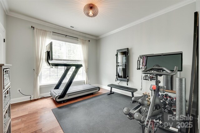 645 Brookhaven Dr, Fort Mill, SC 29708 - exercise area featuring ornamental molding, wood finished floors, and baseboards