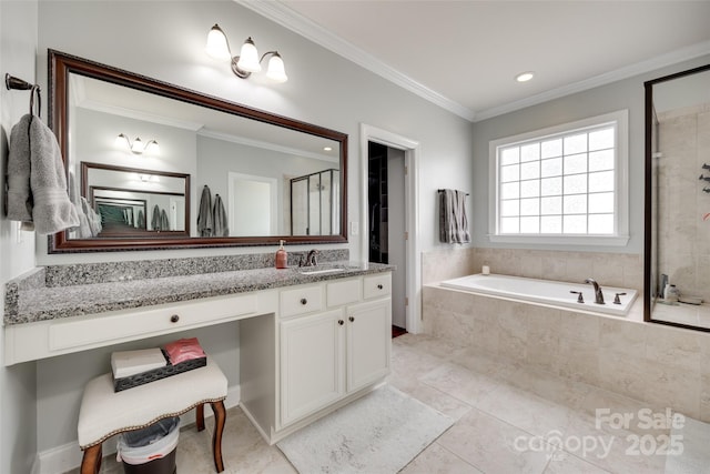 645 Brookhaven Dr, Fort Mill, SC 29708 - full bath with a bath, vanity, crown molding, a shower stall, and tile patterned floors