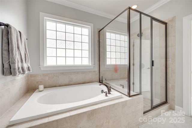 645 Brookhaven Dr, Fort Mill, SC 29708 - bathroom with a garden tub, a shower stall, healthy amount of natural light, and ornamental molding
