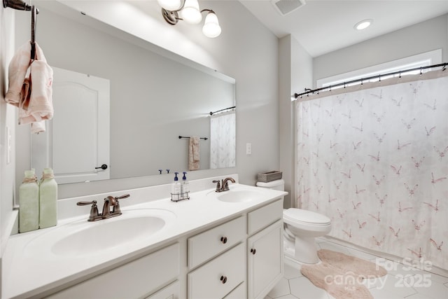 645 Brookhaven Dr, Fort Mill, SC 29708 - full bathroom with double vanity, toilet, tile patterned flooring, and curtained shower
