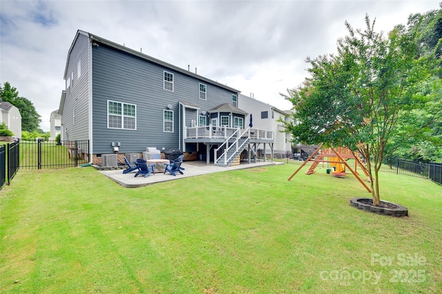 645 Brookhaven Dr, Fort Mill, SC 29708 - rear view of house featuring a playground, a patio area, a wooden deck, central AC, and stairs