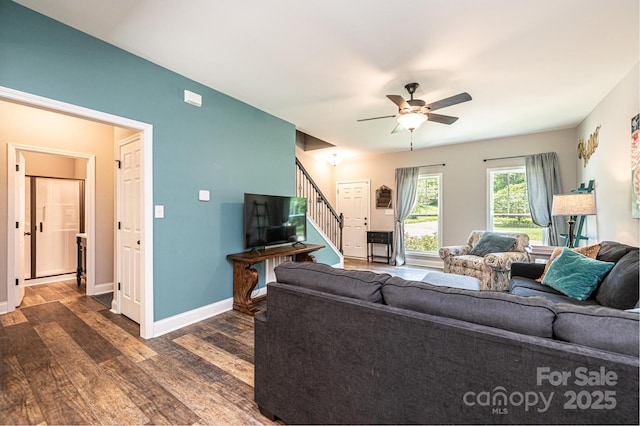 2045 13th St NE Unit 3, Hickory, NC 28601 - living room featuring dark wood-style floors, stairs, a ceiling fan, and baseboards