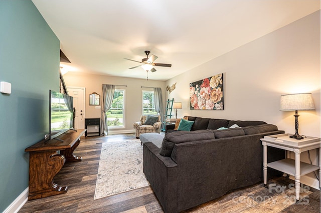 2045 13th St NE Unit 3, Hickory, NC 28601 - living area featuring dark wood-type flooring, ceiling fan, and baseboards
