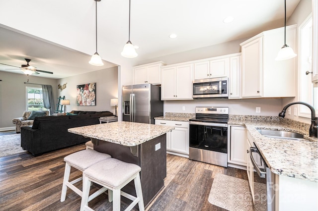 2045 13th St NE Unit 3, Hickory, NC 28601 - kitchen featuring appliances with stainless steel finishes, a sink, dark wood-style floors, white cabinets, and recessed lighting