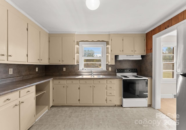 5170 Woodleaf Rd, Salisbury, NC 28147 - kitchen featuring electric stove, under cabinet range hood, cream cabinets, a sink, and open shelves