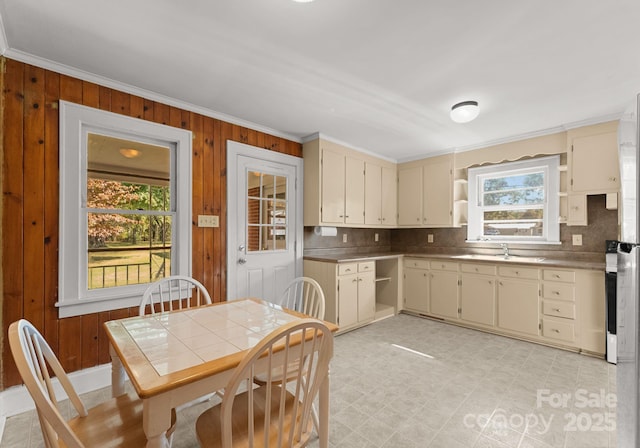 5170 Woodleaf Rd, Salisbury, NC 28147 - kitchen with cream cabinets, crown molding, plenty of natural light, open shelves, and backsplash
