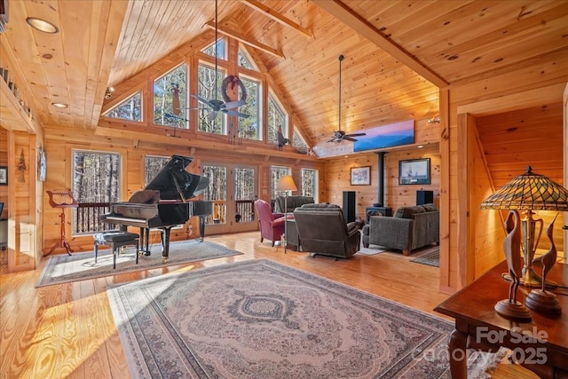 650 Mcdowell Rd, Columbus, NC 28722 - living area with ceiling fan, hardwood / wood-style flooring, wood walls, wooden ceiling, and a wood stove