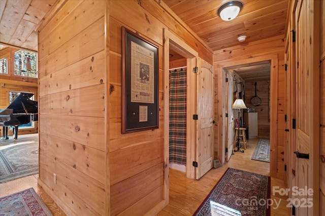 650 Mcdowell Rd, Columbus, NC 28722 - hall featuring wood walls, wood ceiling, and light wood-style flooring
