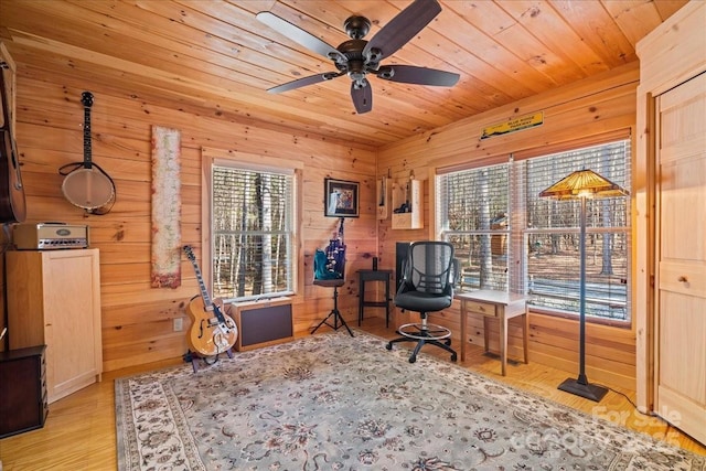 650 Mcdowell Rd, Columbus, NC 28722 - office featuring a ceiling fan, wood finished floors, wooden ceiling, and wood walls