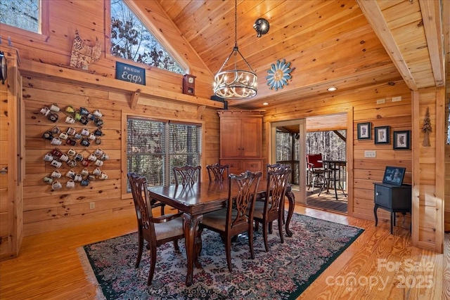 650 Mcdowell Rd, Columbus, NC 28722 - dining space with wooden ceiling, wooden walls, a chandelier, light wood-style floors, and high vaulted ceiling