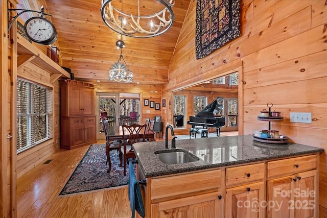 650 Mcdowell Rd, Columbus, NC 28722 - kitchen with a sink, a chandelier, wood walls, healthy amount of natural light, and light wood-type flooring