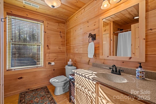 650 Mcdowell Rd, Columbus, NC 28722 - bathroom featuring toilet, vanity, wooden ceiling, wooden walls, and a shower with shower curtain