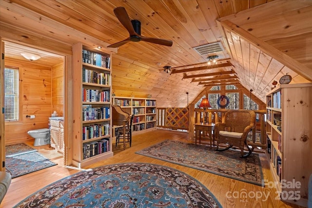 650 Mcdowell Rd, Columbus, NC 28722 - sitting room with wooden ceiling, a ceiling fan, wooden walls, hardwood / wood-style floors, and vaulted ceiling