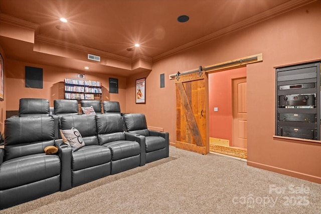 650 Mcdowell Rd, Columbus, NC 28722 - home theater with crown molding, a barn door, carpet flooring, recessed lighting, and baseboards