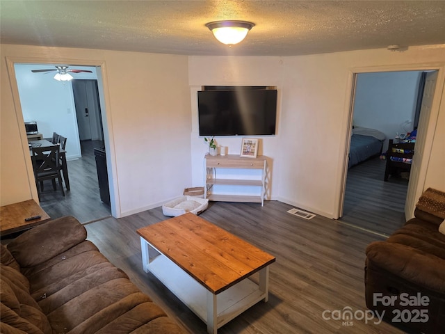 23 Pearl St, Granite Falls, NC 28630 - living area featuring ceiling fan, wood finished floors, a textured ceiling, and baseboards