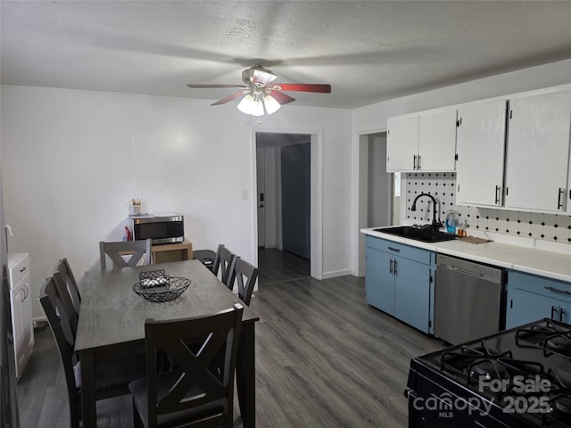 23 Pearl St, Granite Falls, NC 28630 - kitchen featuring stainless steel appliances, a sink, a ceiling fan, light countertops, and dark wood-style flooring