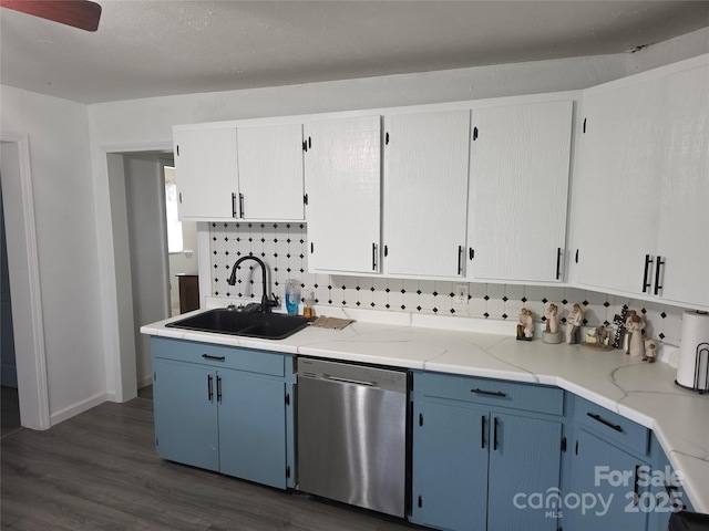 23 Pearl St, Granite Falls, NC 28630 - kitchen with dishwasher, a sink, blue cabinets, and dark wood finished floors