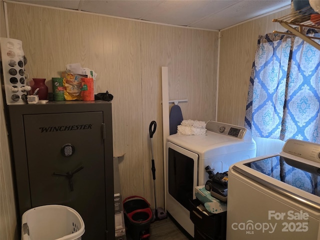 23 Pearl St, Granite Falls, NC 28630 - washroom with independent washer and dryer and wood walls