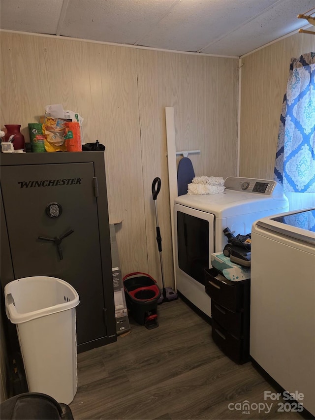23 Pearl St, Granite Falls, NC 28630 - laundry area featuring separate washer and dryer, dark wood-style floors, and wood walls