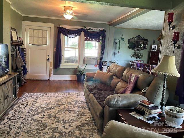 280 Walnut Ave, Spruce Pine, NC 28777 - living room featuring ornamental molding, dark wood-style floors, ceiling fan, cooling unit, and a textured ceiling