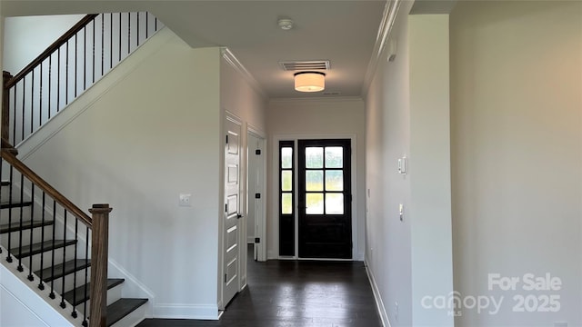 102 Cartington Way Unit Haf0042, Mooresville, NC 28115 - entrance foyer with dark wood-type flooring, stairway, and ornamental molding