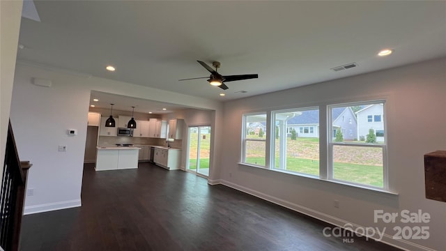 102 Cartington Way Unit Haf0042, Mooresville, NC 28115 - unfurnished living room with recessed lighting, ceiling fan, and dark wood-style flooring