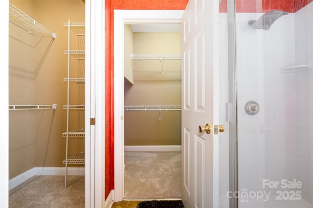 3917 Erskine Woods Dr, Bessemer City, NC 28016 - bathroom featuring a shower stall, a walk in closet, and baseboards