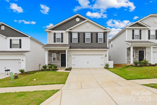 5204 Belstone Ln, Charlotte, NC 28215 - view of front facade featuring a garage, concrete driveway, a front lawn, and stone siding