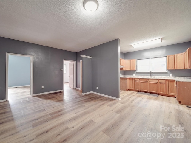 2440 Myers St, Gastonia, NC 28056 - kitchen with a textured ceiling, light wood finished floors, light countertops, baseboards, and a sink